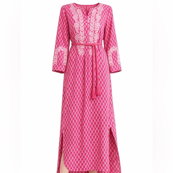 EX VOTO Dresses & Skirts - Pink Boho Embroidered Cotton Midi Dress Tassel Belt Beach Vacation XS EX VOTO